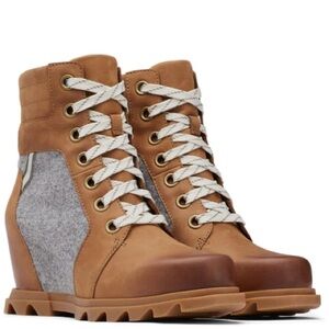 NEW Sorel Joan of Arctic Lexie Wedge Lace Bootie Tan Camel Leather Grey Wool 8